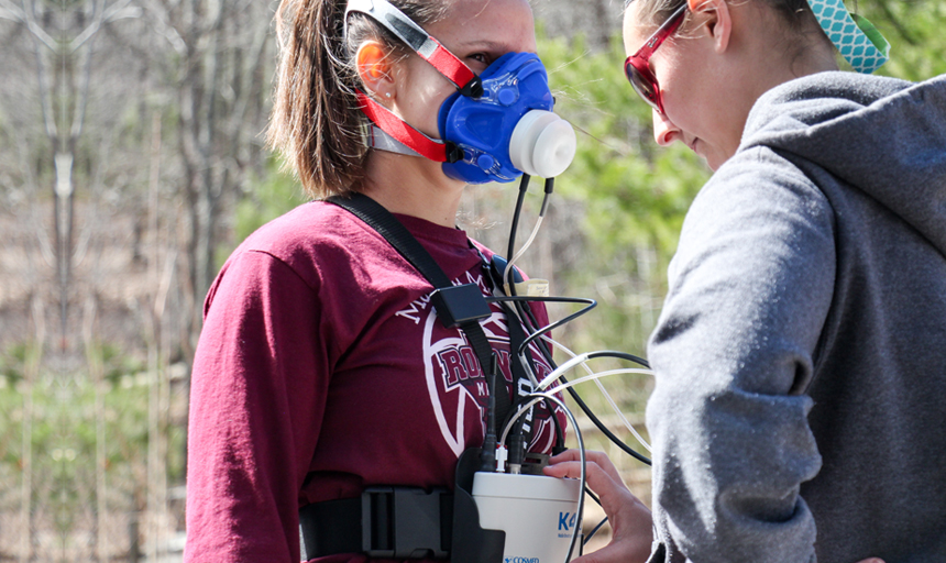Student uses portable equipment for measuring metabolic response to hiking on the Appalachian Trail